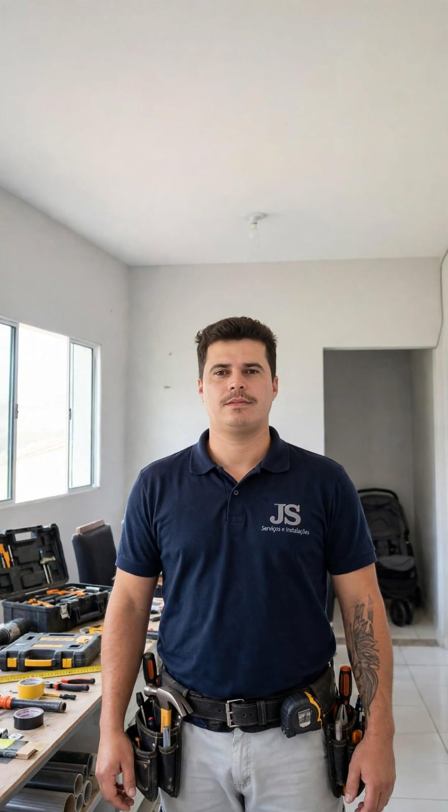 Profissional da JS Faz Tudo uniformizado, com bolsa de ferramentas, pronto para o atendimento